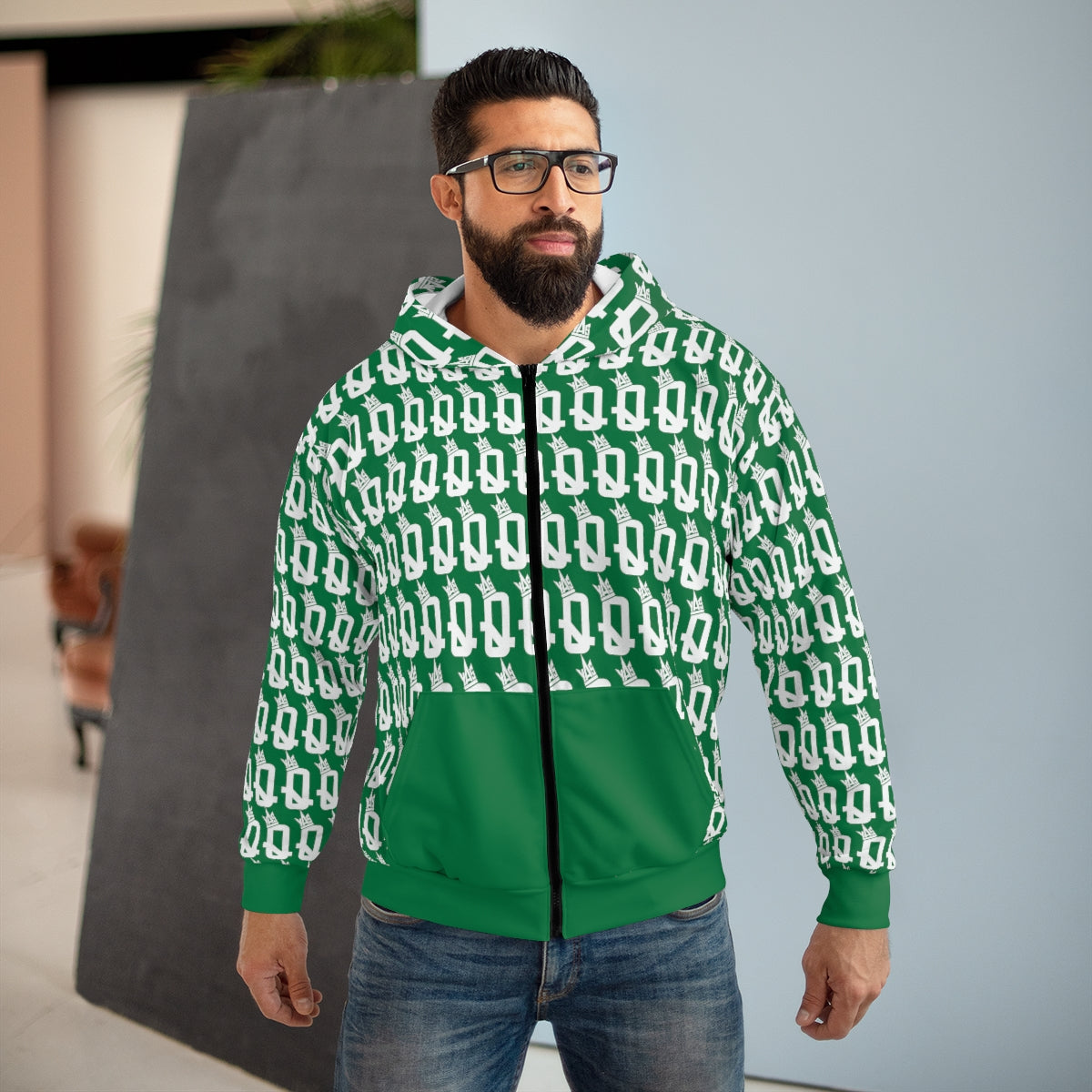 Still I Rise 'Peaches' (Green) all over Q's Unisex Zip Hoodie
